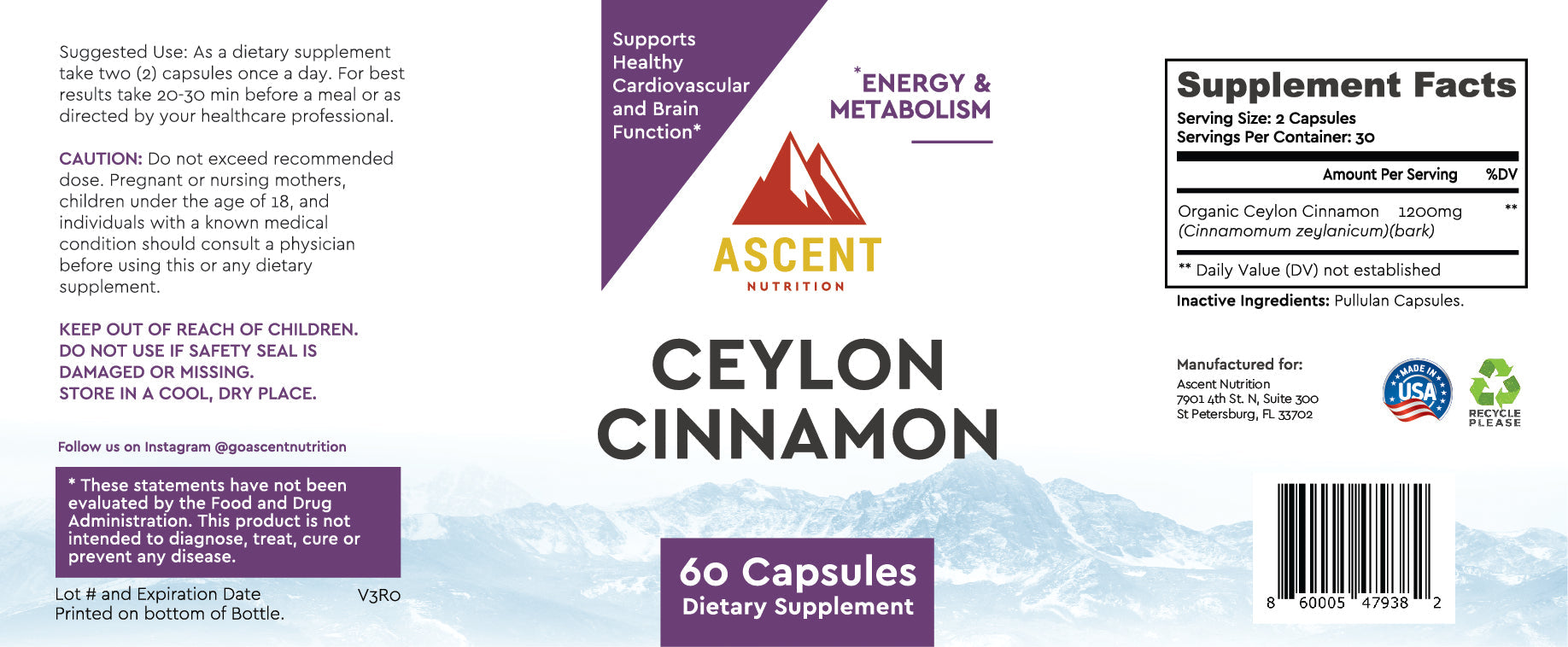 Organic Ceylon Cinnamon, 60 Capsules, 1200 mg