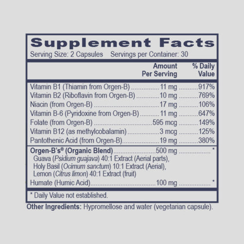 B-Specific Naturally Supplement facts label with detailed nutritional information on a light gray background