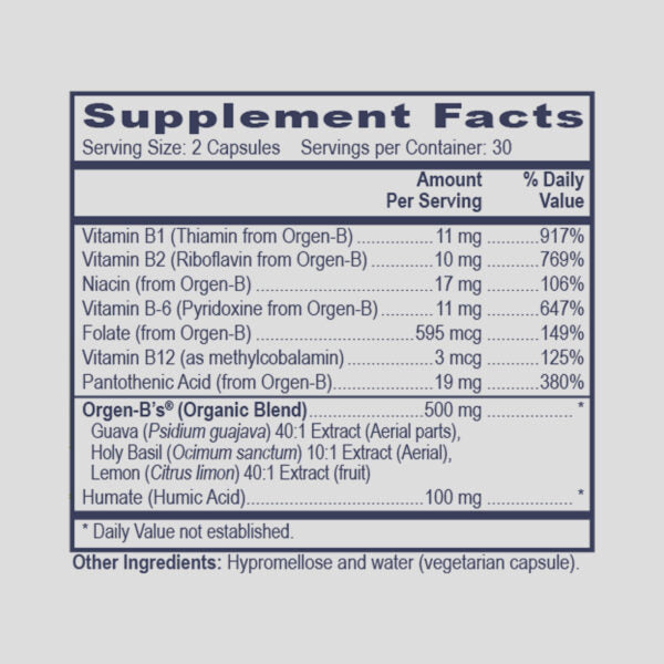 B-Specific Naturally Supplement facts label with detailed nutritional information on a light gray background
