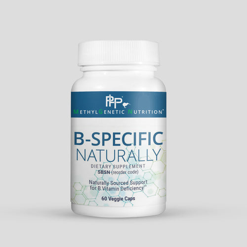 B-specific by MethylGenetic Nutrition dietary supplement bottle on a gray background