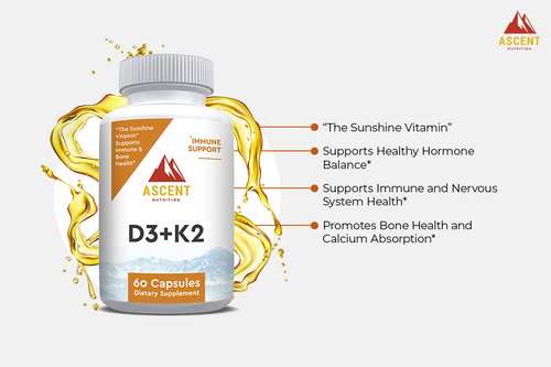 D3 + K2, 60 Capsules, 125 mcg D3 + 100 mcg K2