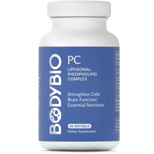 Supplement bottle labeled 'BODYBIO PC Liposomal Phospholipid Complex' on a white background