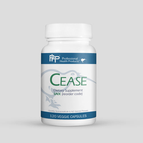 Supplement bottle labeled 'Cease' with PHP branding on a light gray background