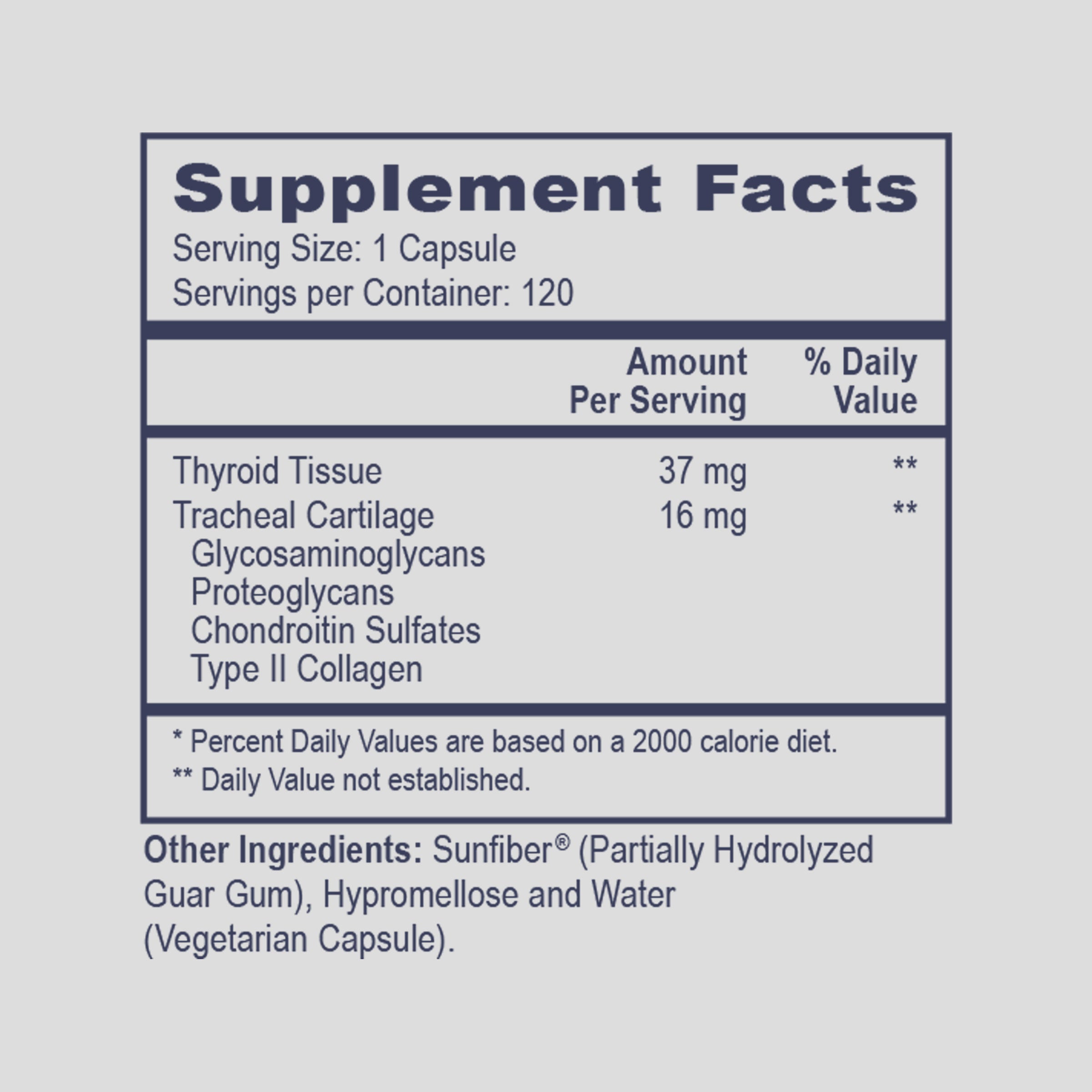 Supplement facts label with detailed nutritional information on a light gray background