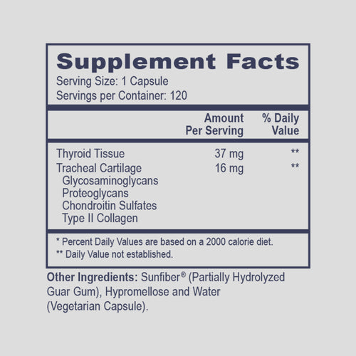 Supplement facts label with detailed nutritional information on a light gray background