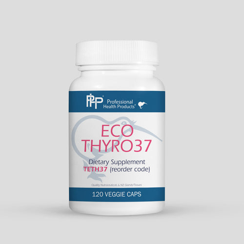 Supplement bottle labeled 'Eco Thyro37' on a gray background