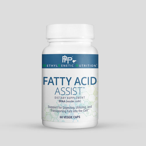 Supplement bottle labeled 'Fatty Acid Assist' by MethylGenetic Nutrition on a light gray background