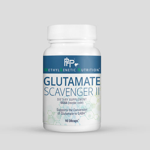 Supplement bottle labeled 'Glutamate Scavenger II' on a light gray background