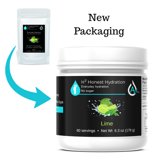 H2 Honest Hydration product packaging showing a jar and a packet with 'New Packaging' text.