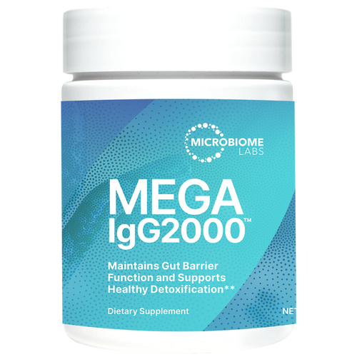Supplement bottle labeled 'MEGA IgG2000' by Microbiome Labs on a white background