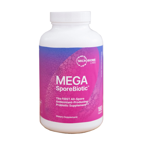 Supplement bottle labeled 'Mega SporeBiotic' on a white background