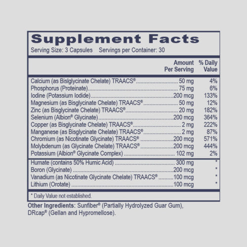 Supplement facts label with detailed nutritional information on a gray background