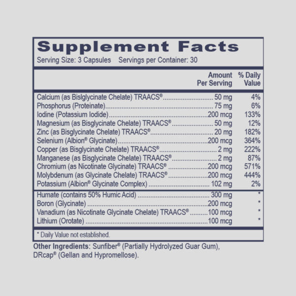 Supplement facts label with detailed nutritional information on a gray background