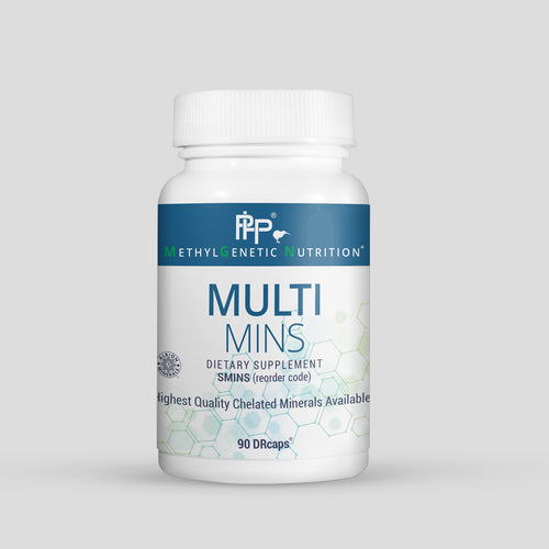 Supplement bottle labeled 'Multi Mins' by MethylGenetic Nutrition on a gray background