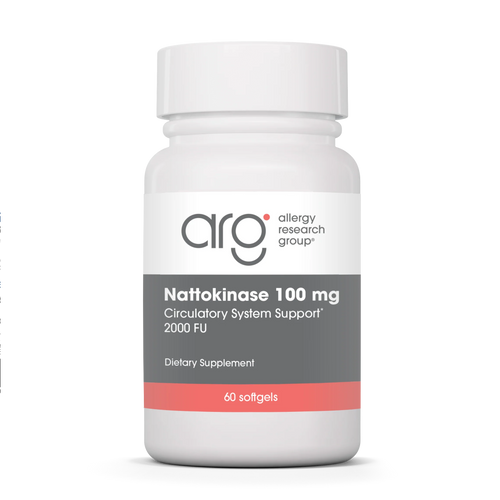 Supplement bottle labeled 'Allergy Research Group Nattokinase 100 mg' on a white background