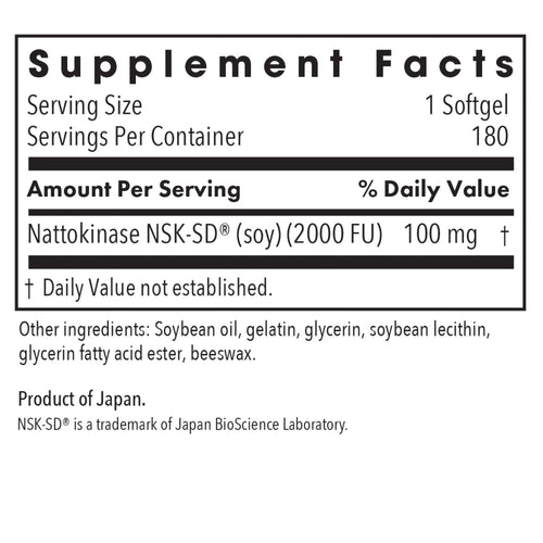 Supplement facts label for Nattokinase NSK-SD with serving size, servings per container, and ingredient list.