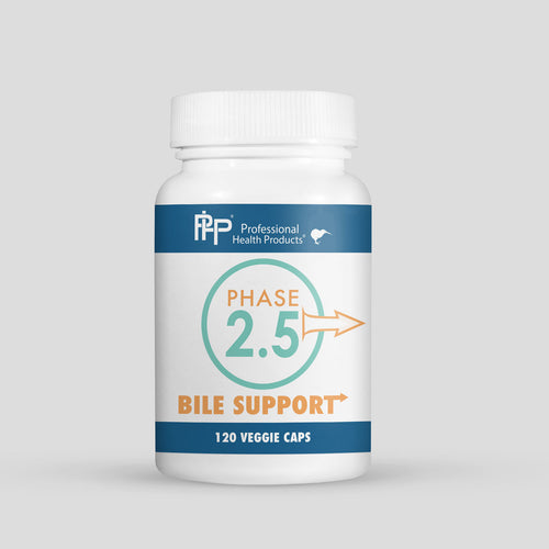 Bottle of Phase 2.5 Bile Support supplement on a gray background