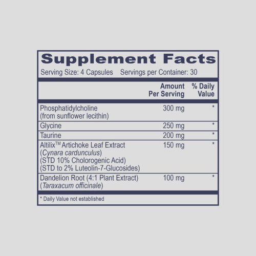 Supplement facts label  for Phase 2.5 Bile Support supplement with various nutrients on a gray background