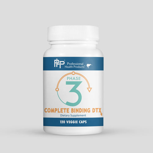 Supplement bottle labeled 'Phase 3 Complete Binding DTX' by Professional Health Products on a light gray background.