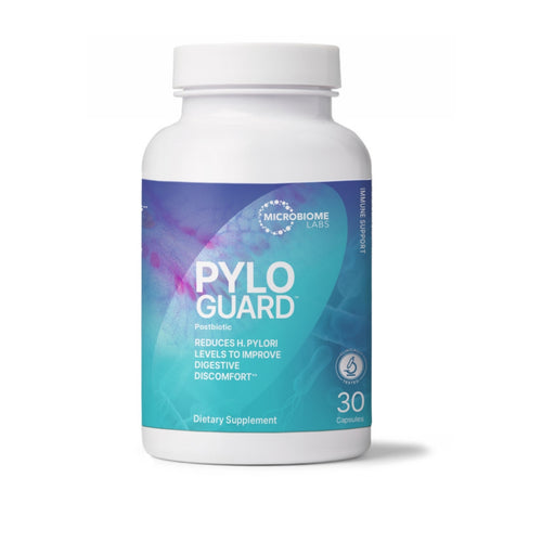Supplement bottle labeled 'Pylo Guard' by Microbiome Labs on a white background