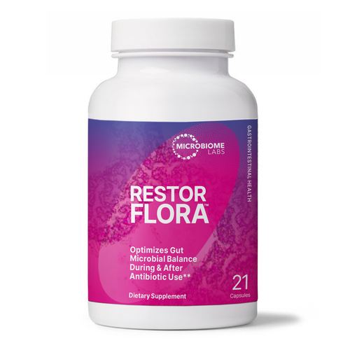 Supplement bottle labeled 'Restor Flora' by Microbiome Labs on a white background