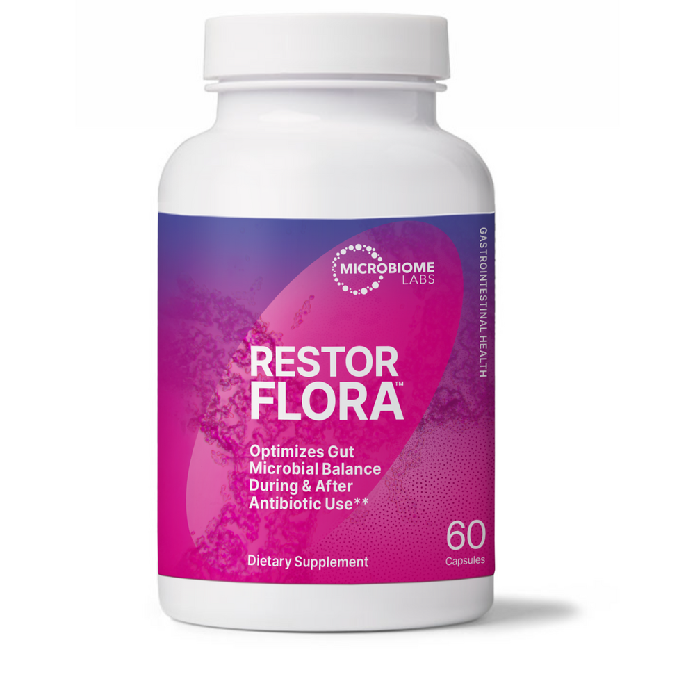 Supplement bottle labeled 'Restor Flora' by Microbiome Labs on a white background