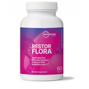 Supplement bottle labeled 'Restor Flora' by Microbiome Labs on a white background