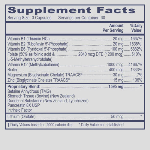 Supplement facts label with detailed nutritional information on a white background