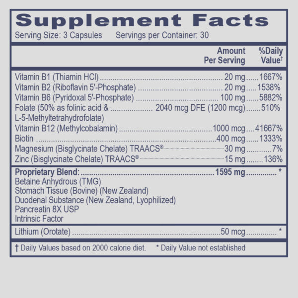Supplement facts label with detailed nutritional information on a white background