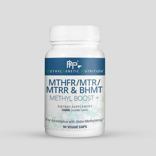 Supplement bottle labeled 'MTHFR/MTR/MTRR & BHMT Methyl Boost+' on a gray background