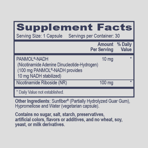 NADH Supplement label with ingredient details on a light gray background