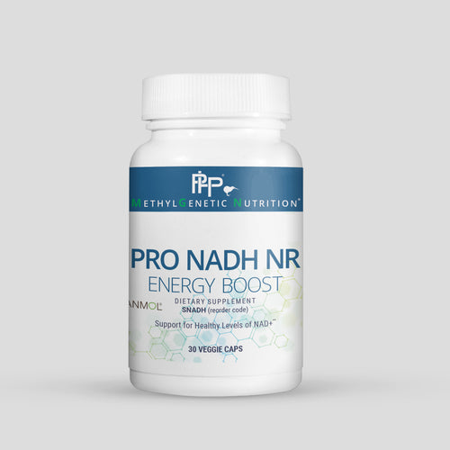 Supplement bottle labeled 'Pro NADH NR Energy Boost' on a gray background
