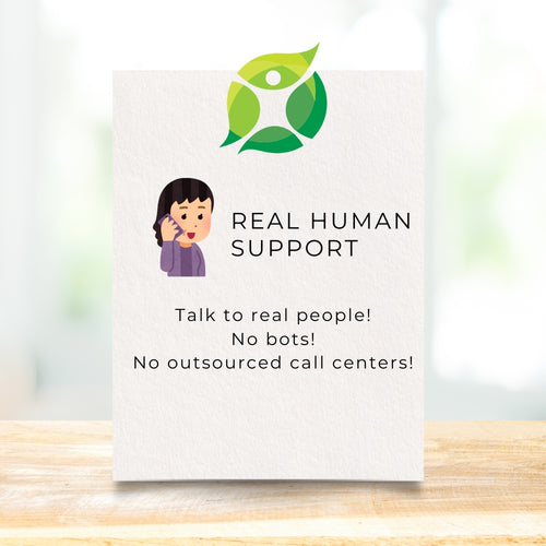 Card with 'Real Human Support' text and TFP Market icon logo on a blurred background