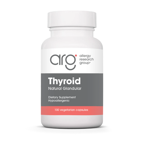 Supplement bottle labeled 'Thyroid Natural Glandular' by Allergy Research Group on a white background