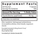 Supplement label with thyroid content and other ingredients on a white background for Thyroid Natural Glandular by Allergy Research Group