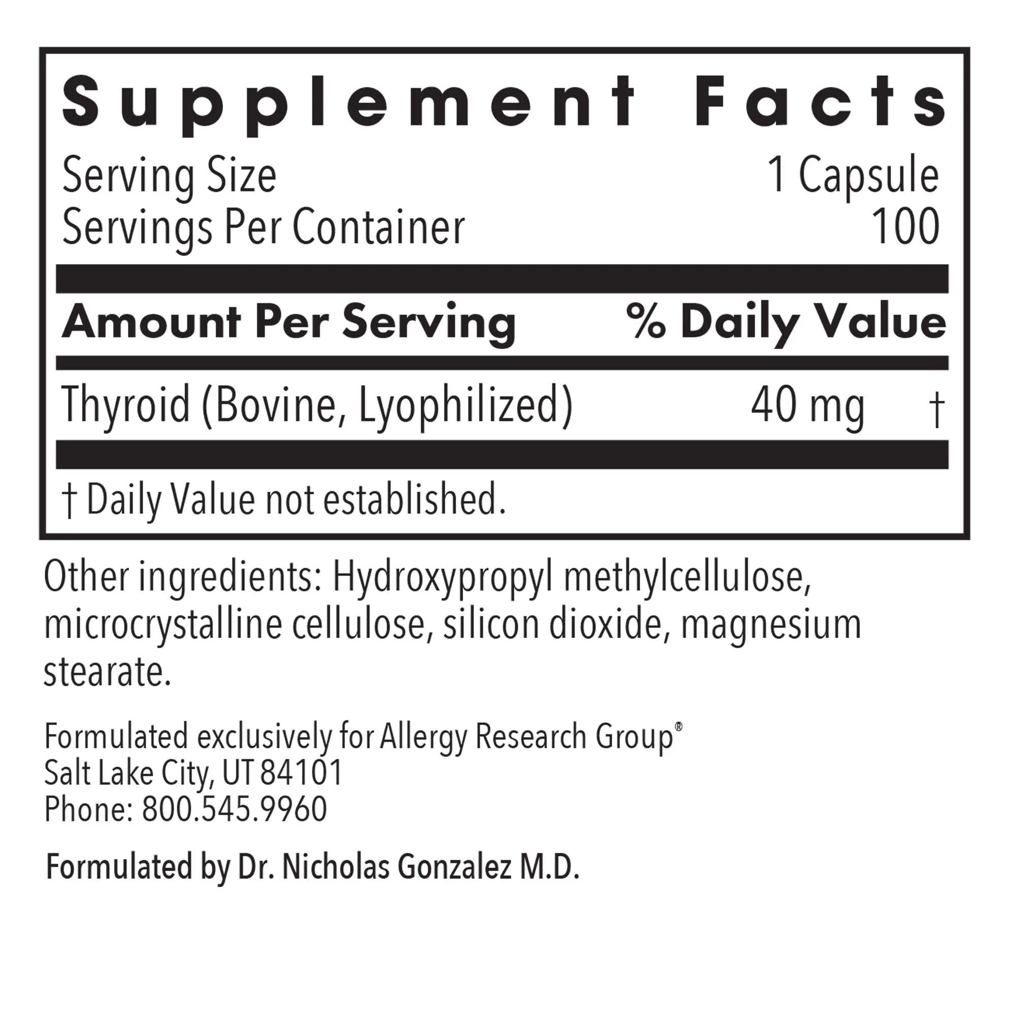 Supplement label with thyroid content and other ingredients on a white background for Thyroid Natural Glandular by Allergy Research Group