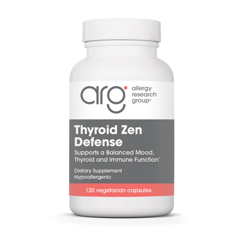 Supplement bottle labeled 'Thyroid Zen Defense' by Allergy Research Group on a white background