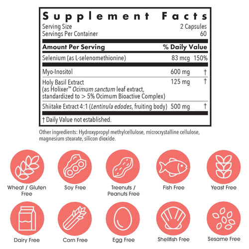 Supplement facts label for Thyroid Zen Defense by Allergy Research Group with icons indicating free-from statuses on a white background